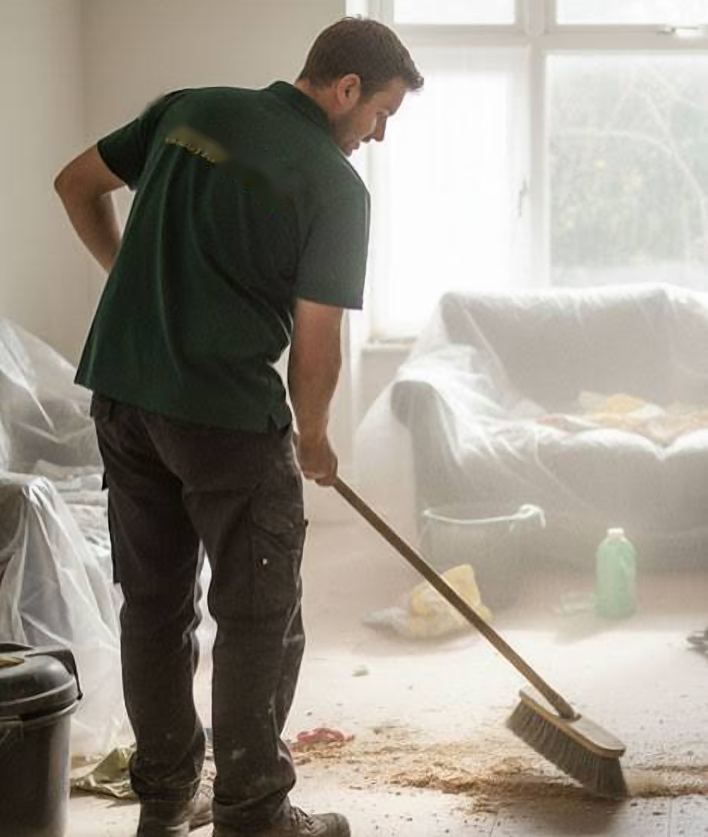 Operative sweeping up dust after building work