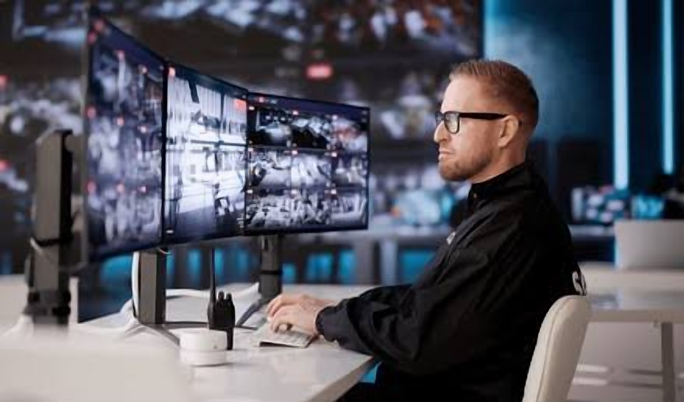 Security operator watching CCTV monitors